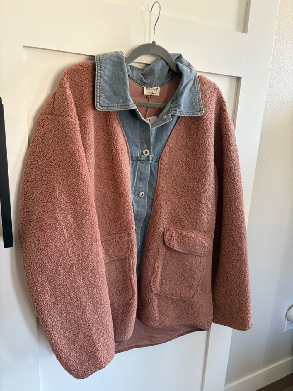 Very J Dusty Rose Teddy + Denim Detail Button Up Shacket Jacket | New with tags! - Picture 5 of 6